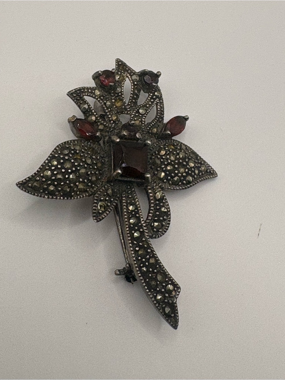 Vintage Sterling Silver 925 Marcasite Garnet Floral Brooch Pin 1.5” 11g